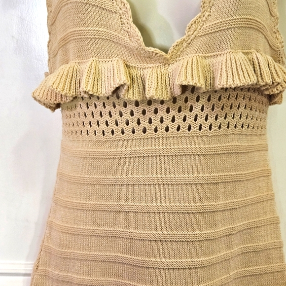 Papermoon Beige Knit V-Neckline Sleeveless Ruffle Boho Mini Dress,Medium - Picture 9 of 16